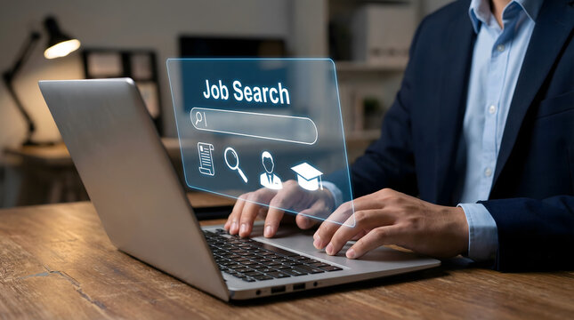 Business professional typing on laptop engaging with futuristic job search screen in a contemporary 