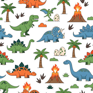 Dinosaur Pattern Seamless Design with Prehistoric Creatures and Volcanoes 2.