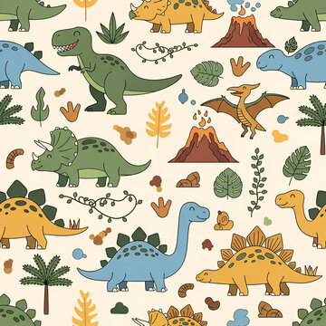 Dinosaur Pattern Seamless Design with Prehistoric Creatures and Volcanoes 1.
