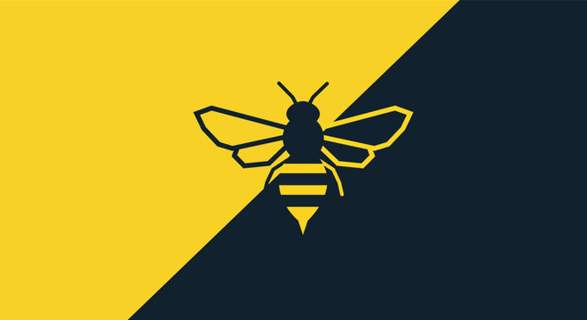 Stylized bee illustration on a split yellow and dark blue background
