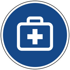 Obraz premium Erste Hilfe Koffer Notfall Vektor Icon blaues Schild Medizinische Versorgung Sanitäter Hilfe Gesundheit Rettungsdienst Notarzt Unfall Sicherheit Arbeitsschutz Ausrüstung Vektor Design
