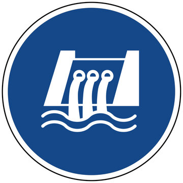 Wasserkraftwerk Staudamm Vektor Icon blaues Schild Erneuerbare Energie &Ouml;kostrom Energiequelle Nachhaltigkeit Kraftwerk Stromerzeugung Wasserbau Umwelttechnik Klimaschutz &Ouml;kologie Vektor
