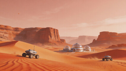 
A futuristic illustration of an autonomous rover exploring Martian dunes against a backdrop of a domed colony. This composition showcases space exploration, advanced technology
