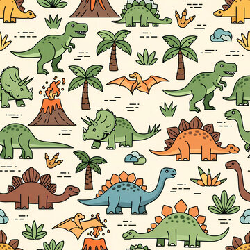 Dinosaur Pattern Seamless Prehistoric Reptiles and Volcanic Landscape.