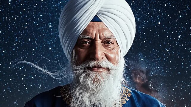 Portrait of a Wise Elderly Sikh Man Against a Starry Cosmos.