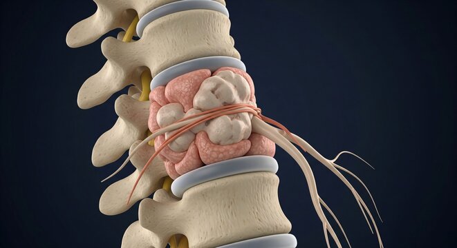 Close up of spinal disc vertebrae and spinal cord compression from tumor
