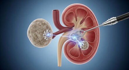 Medical illustration of kidney stones being broken apart by laser lithotripsy treatment