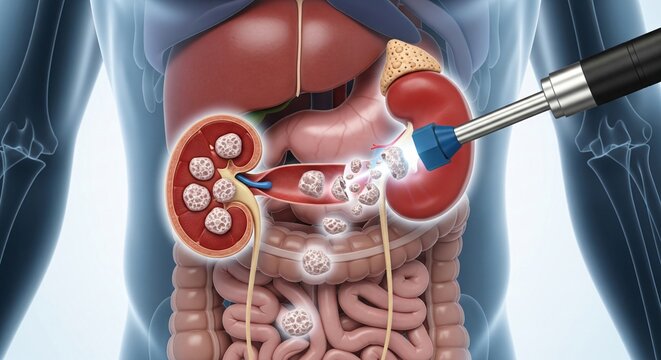 Medical illustration of lithotripsy shattering kidney stones within the urinary system