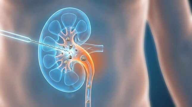 Medical illustration depicting lithotripsy breaking up kidney stones within a human kidney