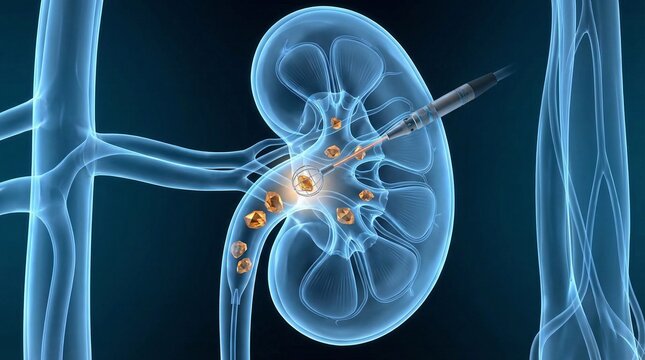 Medical illustration showing a kidney with stones being treated by a laser lithotripsy instrument