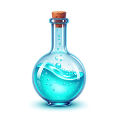 Cartoon style illustration of a blue liquid in glass bottle with cork stopper transparent background