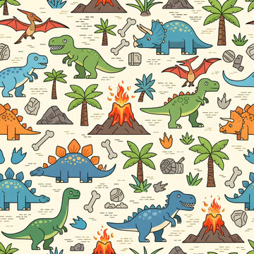 Dinosaur Pattern with Volcanoes and Palm Trees 7.