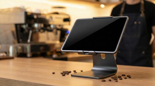 Blank modern tablet POS screen mockup on coffee shop counter