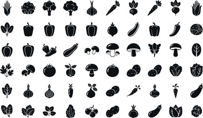 Obraz premium Black silhouette farm produce icon collection featuring corn, broccoli, peppers, mushrooms, tomatoes, carrots, eggplants, potatoes and leafy vegetables