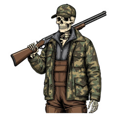 Obraz premium Skeleton hunter wearing camouflage clothes and holding a shotgun on his shoulder