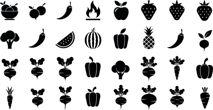 Black silhouette fruit and vegetable icon set with fresh produce, peppers, berries, pineapple, watermelon, carrots for healthy food design