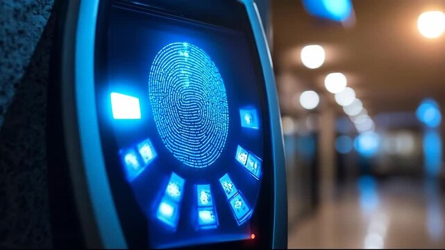 Close-up of a biometric fingerprint scanner with blue lights.