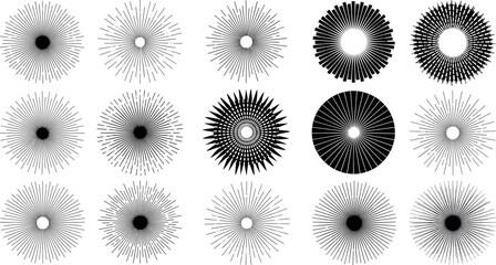 Abstract radial sunburst and starburst collection with fine line rays, light halos, optical ripples and explosive energy effects © PUTUL