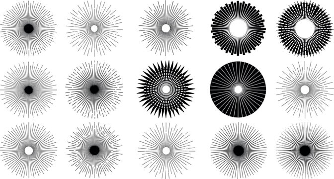 Abstract radial sunburst and starburst collection with fine line rays, light halos, optical ripples and explosive energy effects