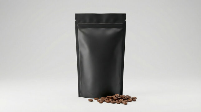 Plain matte black coffee bean pouch mockup standing on grey surface