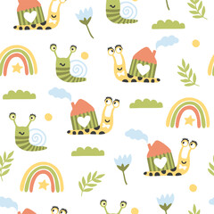 Obraz premium A cute seamless pattern with various snails, butterflies, flowers, mushrooms, hearts, and clouds. Vector illustration. Creative children's background for fabric.