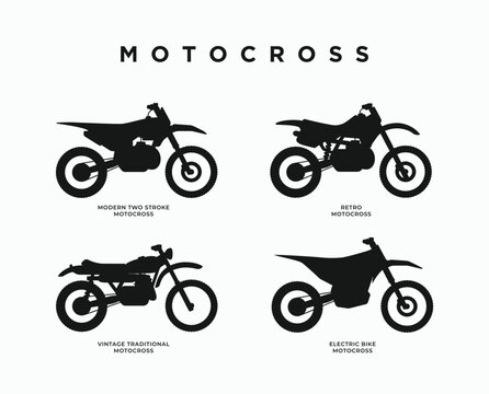 Motocross silhouette icons set vector illustration. Types of motocross infographic. Vintage retro motorcycle