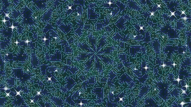 Intricate blue kaleidoscope pattern with symmetric snowflake motifs and tessellated geometric design.