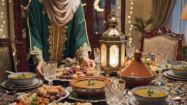 Joyful Muslim Woman in Traditional Dress Serves a Festive Iftar Feast for Ramadan Celebration