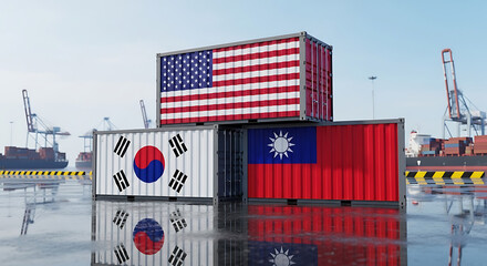 Obraz premium International Trade Shipping Containers with USA South Korea Taiwan Flags
