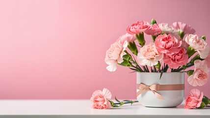 Fototapeta premium Beautiful pink carnation flowers in white vase on pink background with copy space