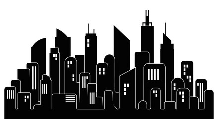 Fototapeta premium Compact City Skyline Silhouette with Blocky Modern Buildings on Isolated White Background