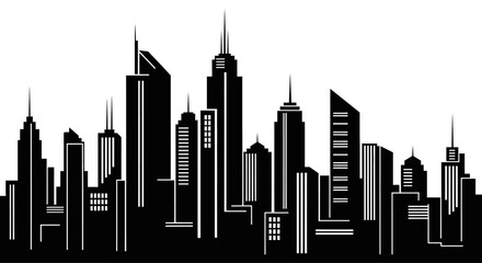 Fototapeta premium Modern City Skyline Silhouette with Tall Buildings on Isolated White Background