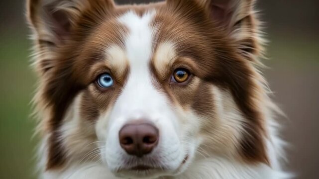 Close-up portrait of a dog with striking blue eyes and unique fur pattern