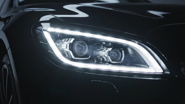Close up of modern black car headlight illuminated for advertising