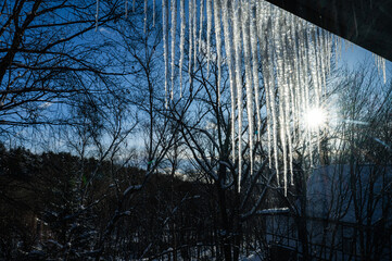 青空とつららと雪景色