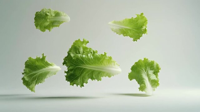 Fresh green lettuce leaves floating against a soft gray background