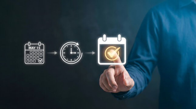 Person points to glowing digital calendar icon signifying time management and task completion