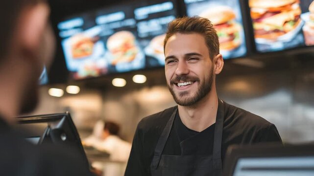 Fast food restaurant cashier taking orders