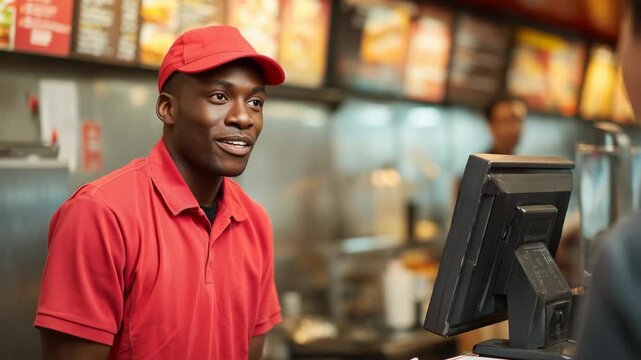Fast food restaurant cashier taking orders