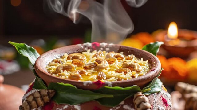 Steaming Sweet Rice Pudding Pongal in Clay Pot Festive Decoration
