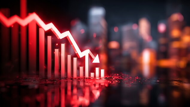 Financial market crash with red downward arrow and graphs indicating global economic recession and business investment losses on digital screen.