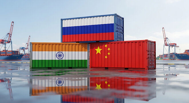 International Trade Shipping Containers with Russia India China Flags