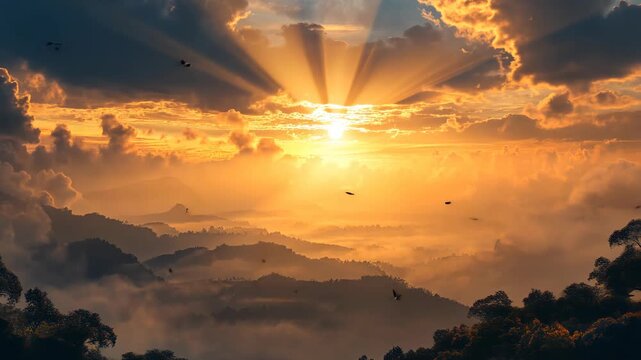 Golden sunset rays burst through clouds, illuminating mountains and valleys. Birds fly