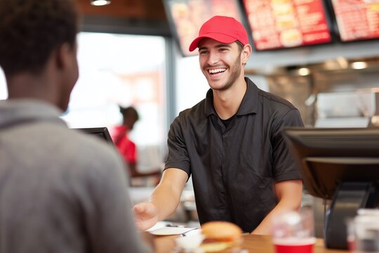 Fast food restaurant cashier taking orders