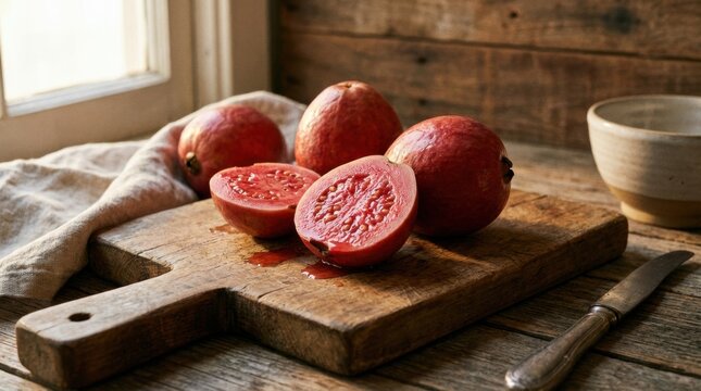 Juicy Red Guava Whole and Halved on Rustic Wooden Board, img 1770674124432