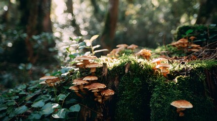 Fototapeta premium Sunlight Illuminates Cluster of Mushrooms Growing on Mossy Forest Floor.