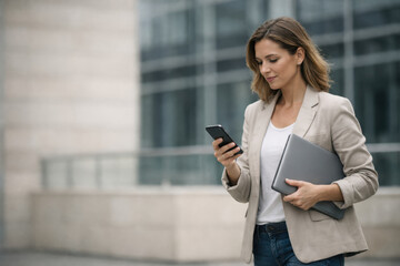 Woman business professional using smartphone holding laptop outdoors