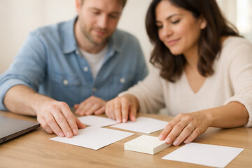 Obraz premium Couple discussing paperwork together at table in casual living room