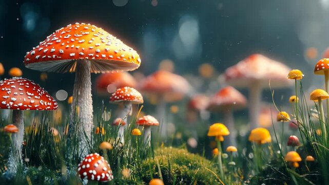 A whimsical forest scene shows several colorful mushrooms with white spots and bokeh background