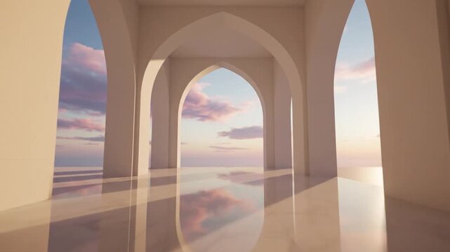 Minimalist architectural passage with elegant arches framing a vibrant pastel sky and its perfect reflection, evoking a sense of peaceful openness and endless beauty